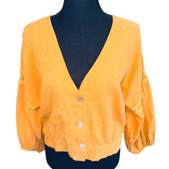 Karlie Womens Mustard Yellow Cotton Button-Front Cardigan Lace Baloon Sleeve L - Picture 1 of 9